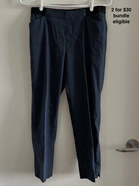 Uniqlo Linen Blend Cropped Trousers Navy Gingham Check Pull On Tapered Pants